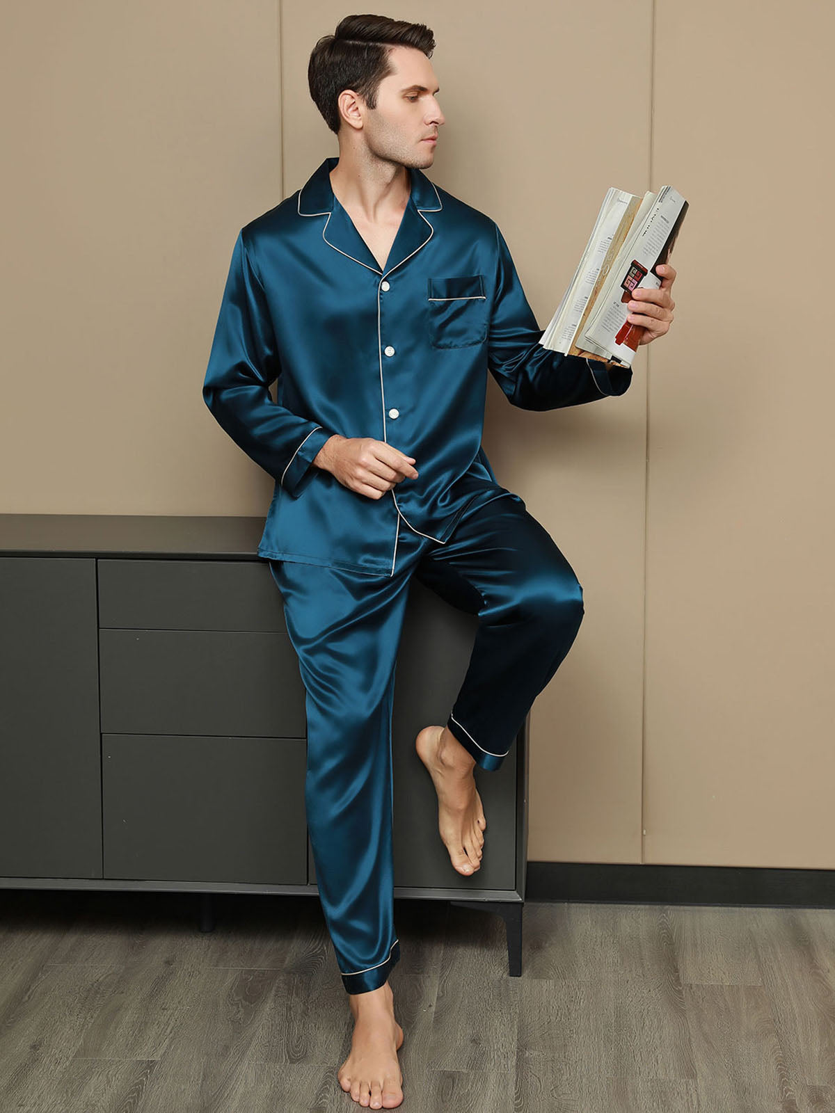 [Teal] SilkSilky-UK 19Momme Pure Silk Long Sleeve Lapel Men's Pyjamas 001