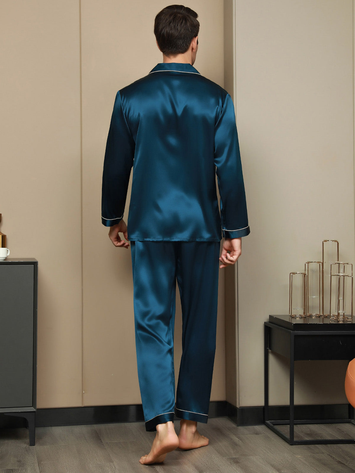 [Teal] SilkSilky-UK 19Momme Pure Silk Long Sleeve Lapel Men's Pyjamas 002