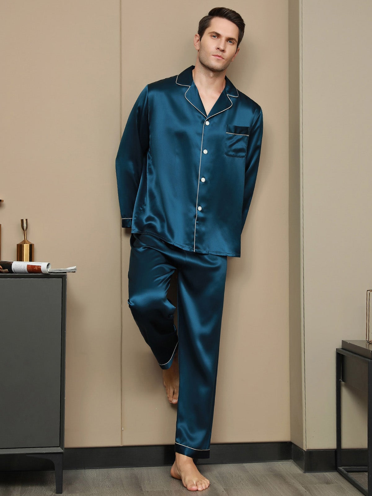 [Teal] SilkSilky-UK 19Momme Pure Silk Long Sleeve Lapel Men's Pyjamas 004