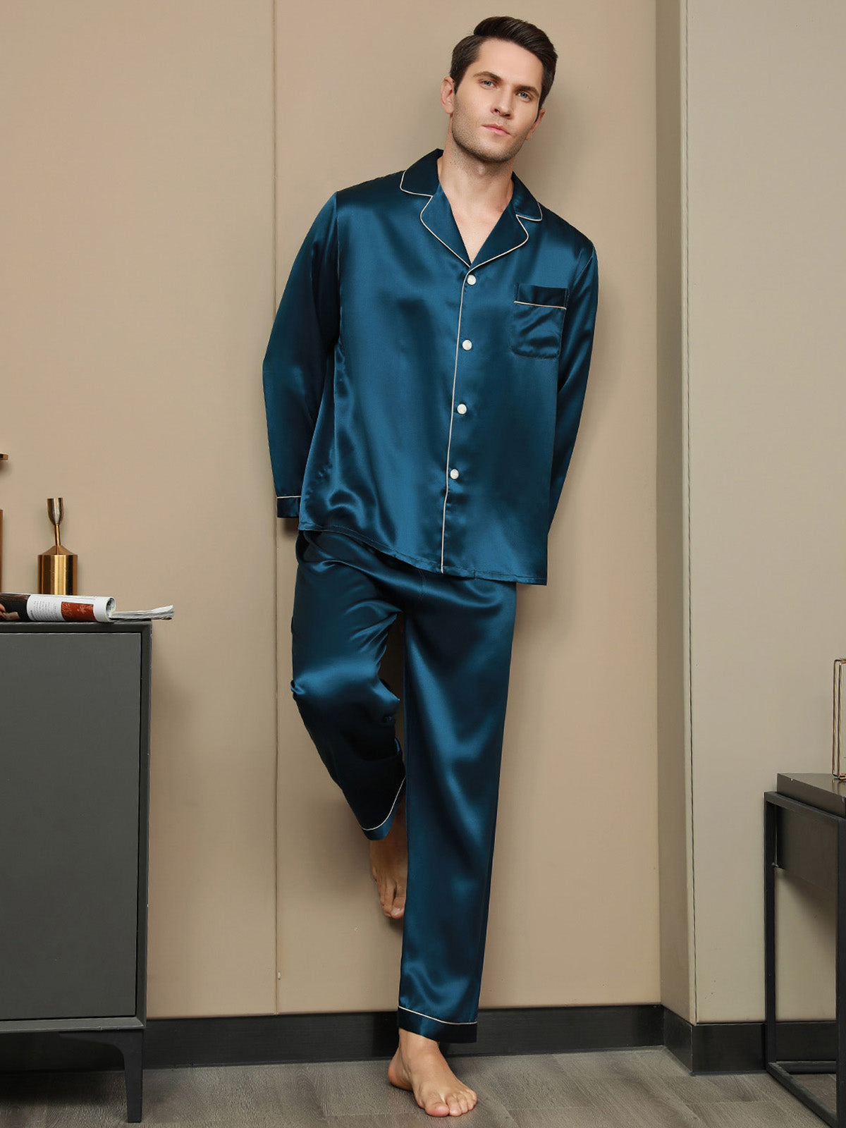 [Teal] SilkSilky-UK 19Momme Pure Silk Long Sleeve Lapel Men's Pyjamas 004