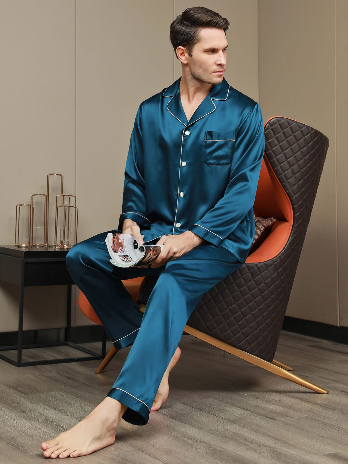 [Teal] SilkSilky-UK 19Momme Pure Silk Long Sleeve Lapel Men's Pyjamas 007