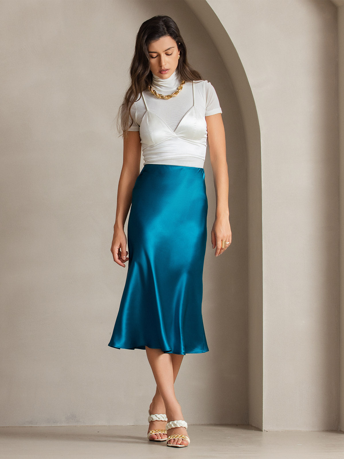 [Teal] SilkSilky-UK 19Momme Pure Silk Skirt 005