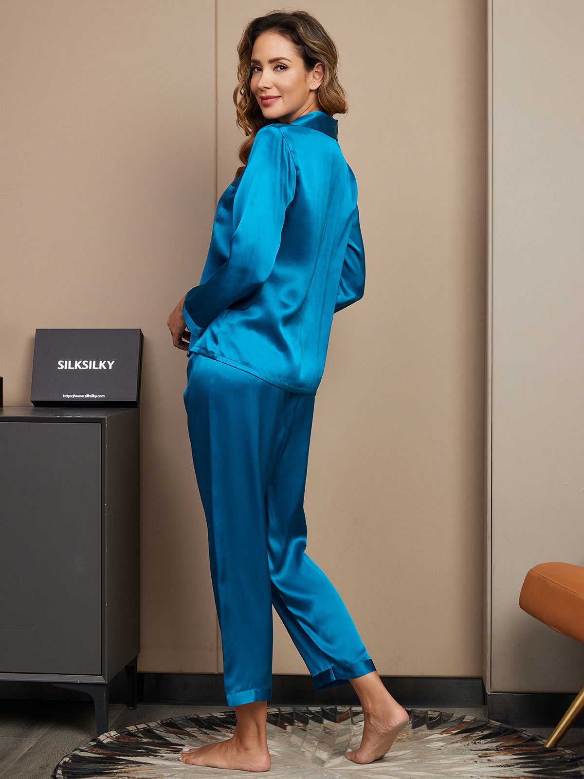 [Teal] SilkSilky-UK Pure Silk Long Sleeve Lapel Women's Pyjamas 002
