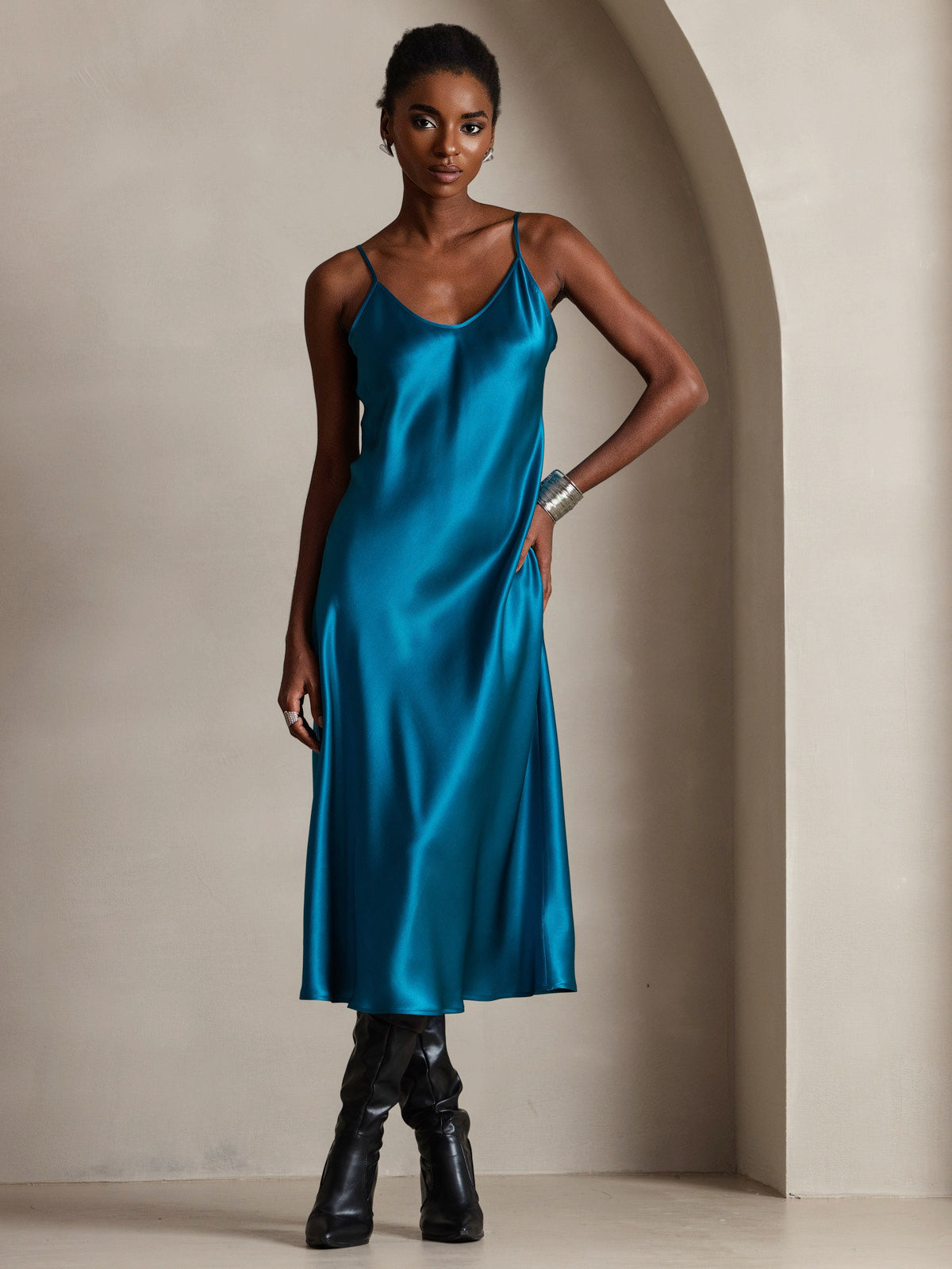 [Teal] SilkSilky-UK Pure Silk Sleeveless Round Neck Dress 001