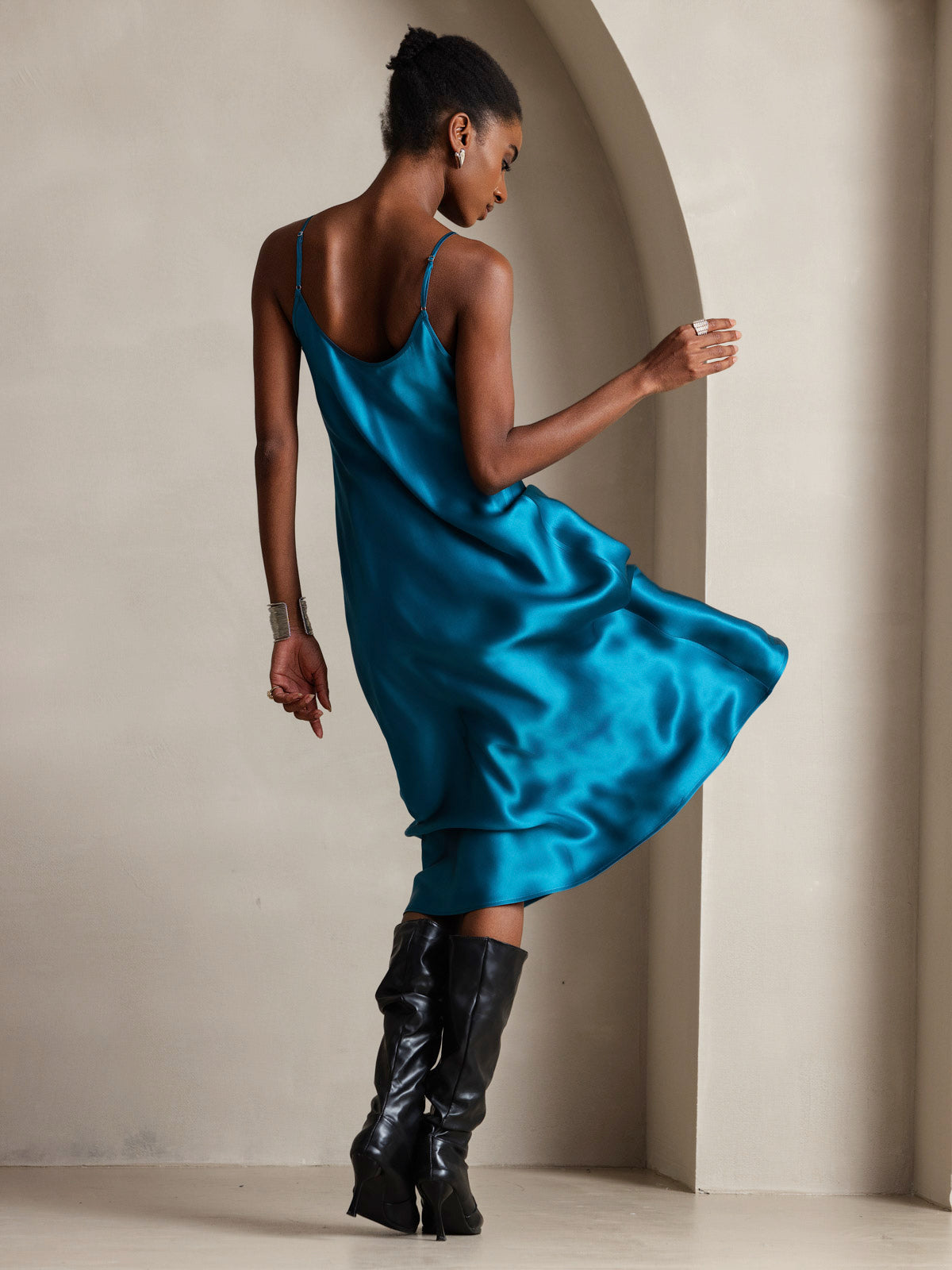 [Teal] SilkSilky-UK Pure Silk Sleeveless Round Neck Dress 002