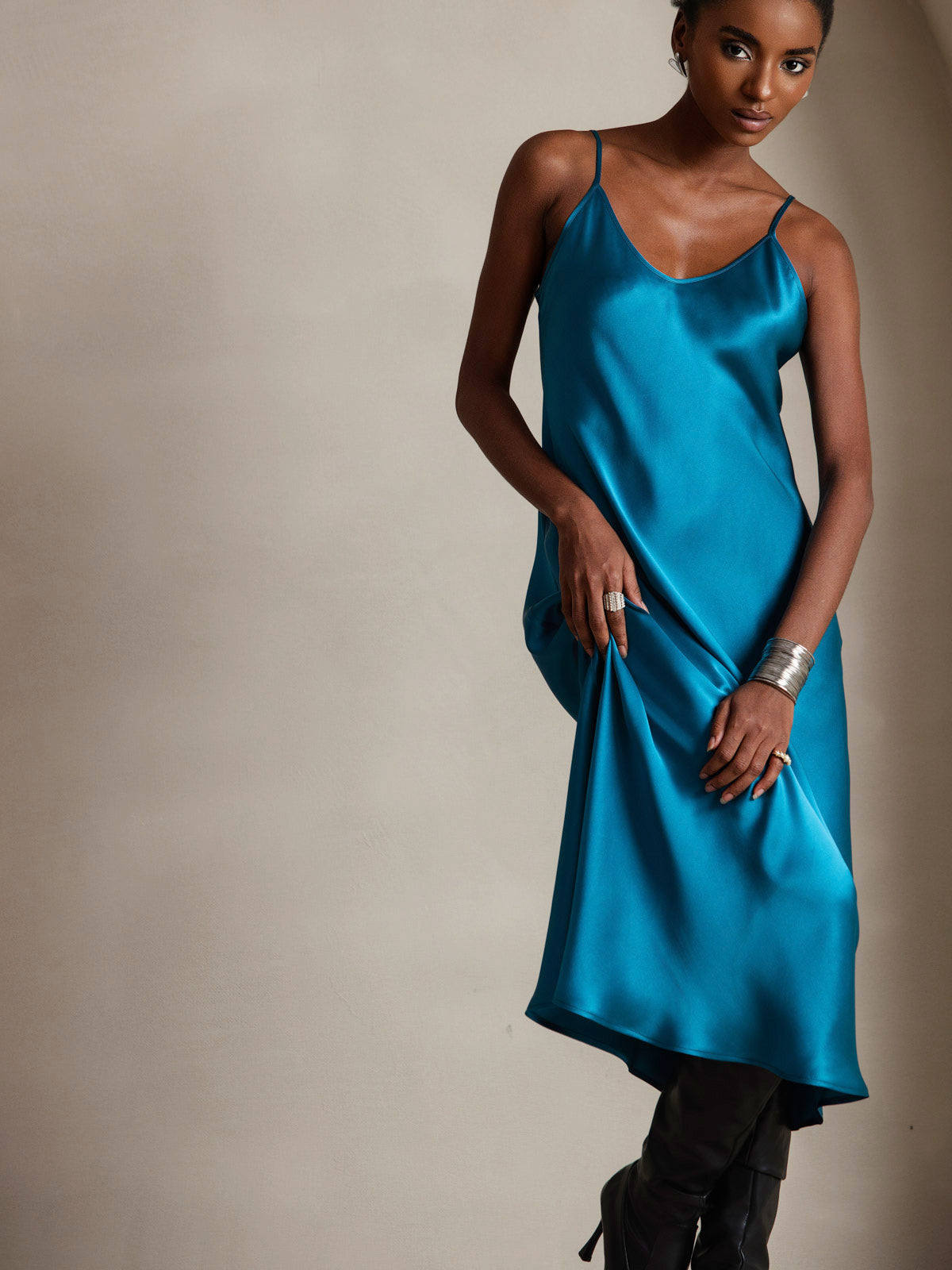 [Teal] SilkSilky-UK Pure Silk Sleeveless Round Neck Dress 003