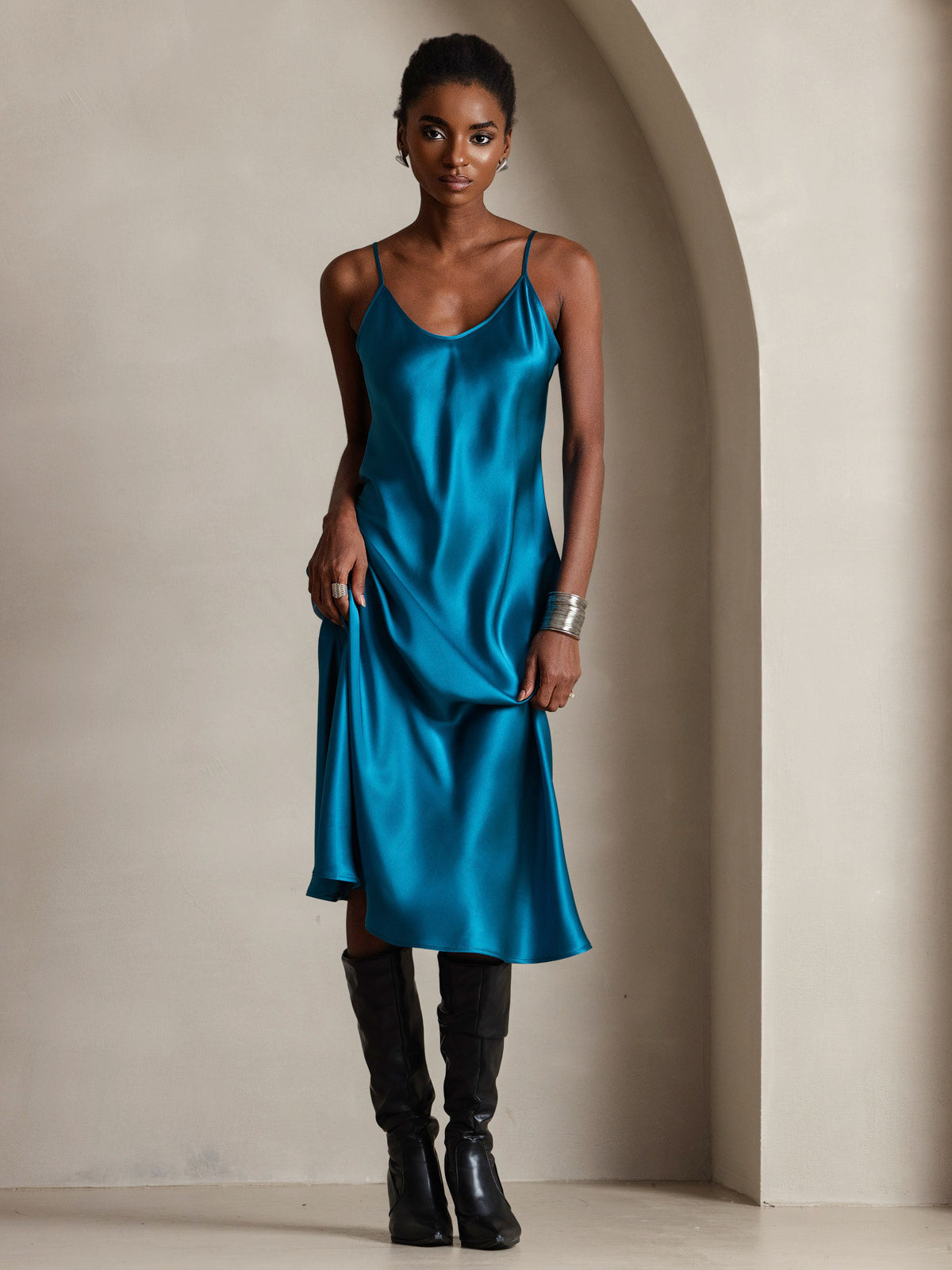 [Teal] SilkSilky-UK Pure Silk Sleeveless Round Neck Dress 004