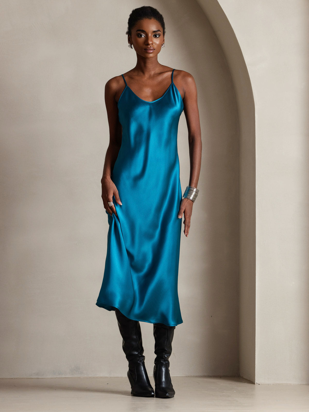 [Teal] SilkSilky-UK Pure Silk Sleeveless Round Neck Dress 005