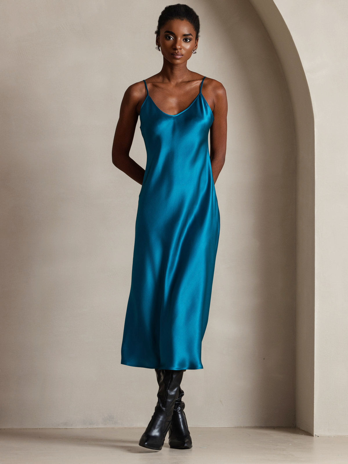 [Teal] SilkSilky-UK Pure Silk Sleeveless Round Neck Dress 005