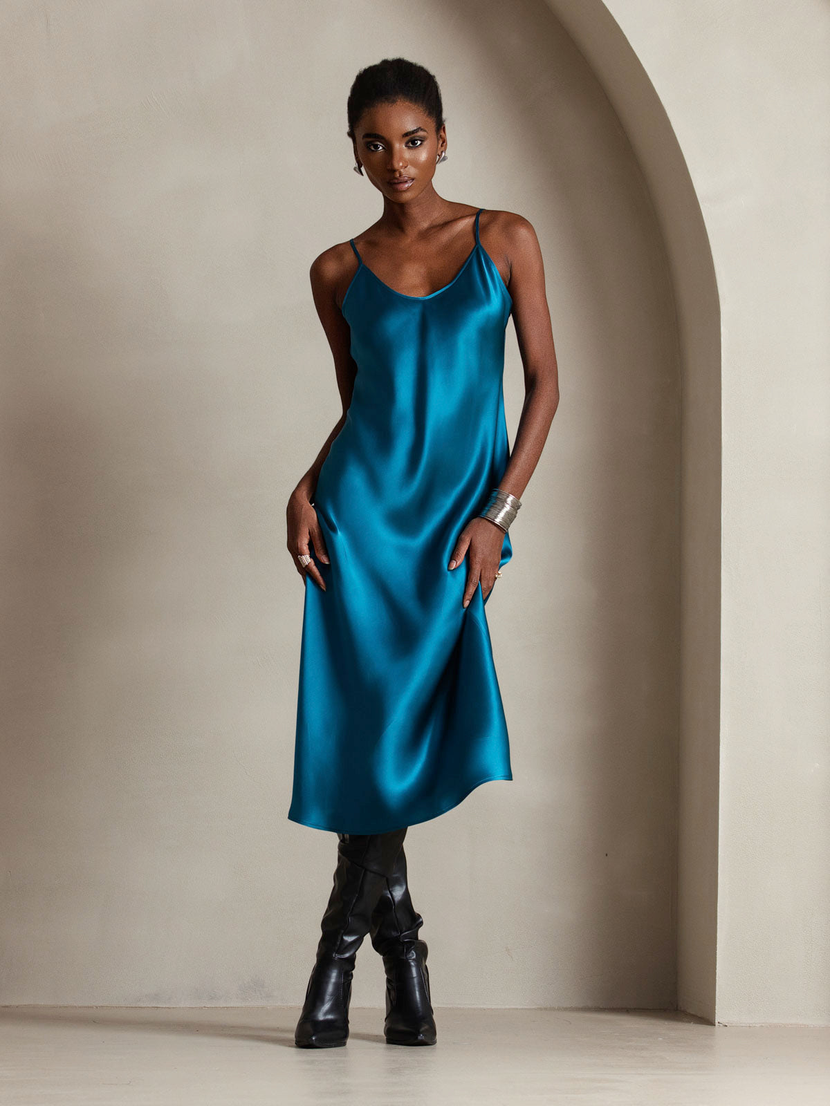 [Teal] SilkSilky-UK Pure Silk Sleeveless Round Neck Dress 006