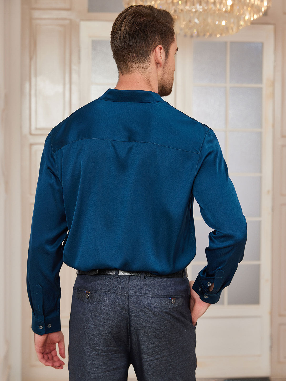 [Teal] SilkSilky-UK Silk Long Sleeve Collar Men's Shirt 002