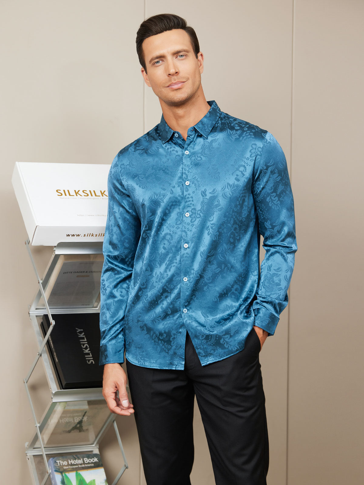 [Teal] SilkSilky-UK Silk Long Sleeve Collar Men's Shirt 002