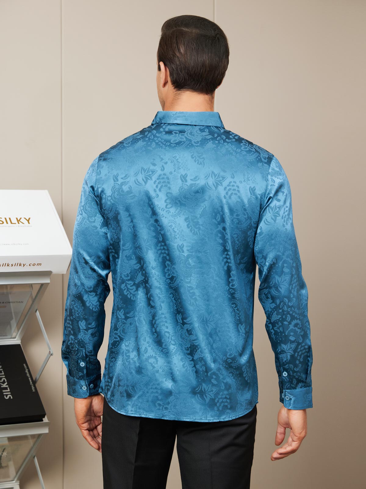 [Teal] SilkSilky-UK Silk Long Sleeve Collar Men's Shirt 003