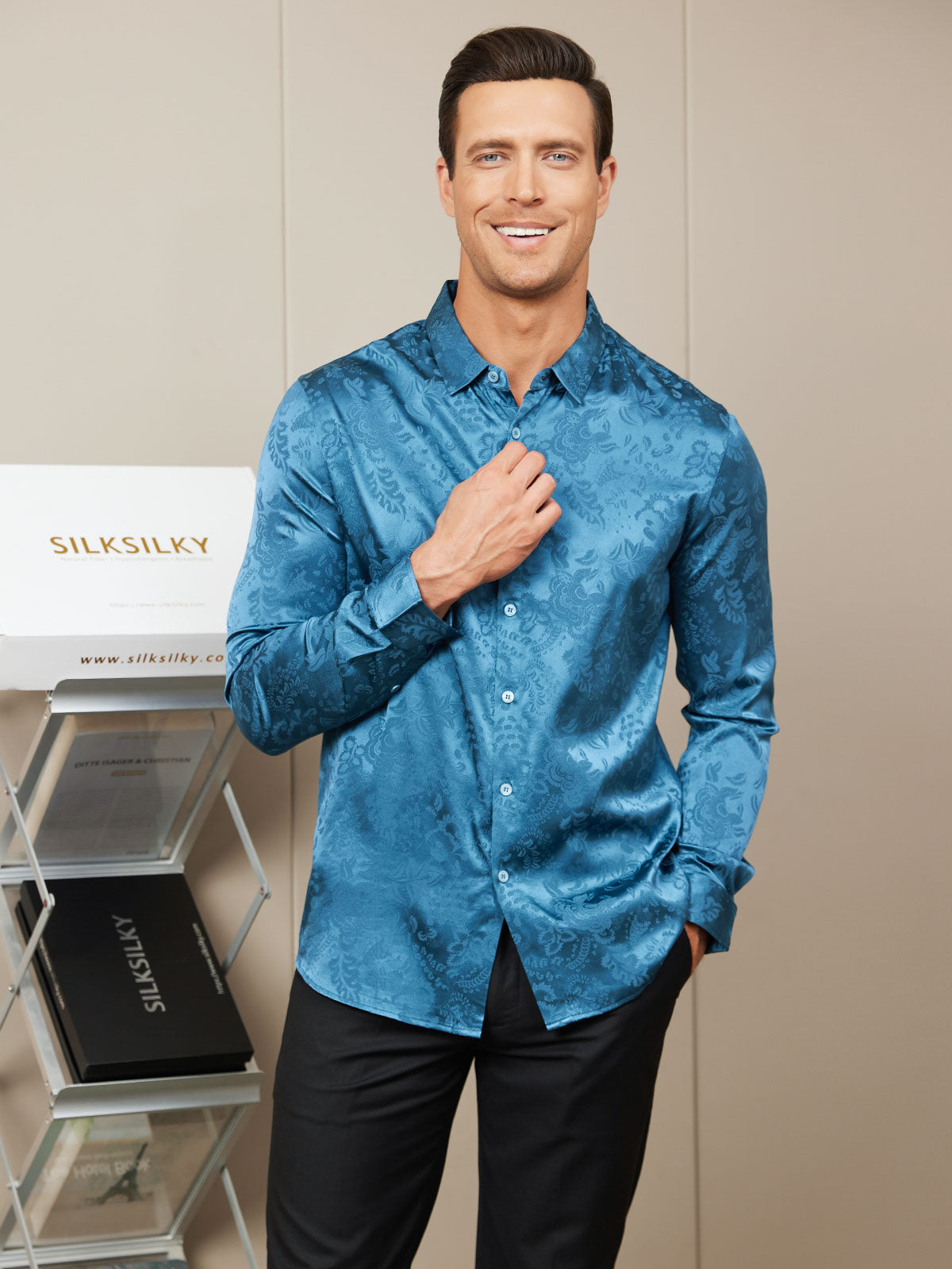 [Teal] SilkSilky-UK Silk Long Sleeve Collar Men's Shirt 005