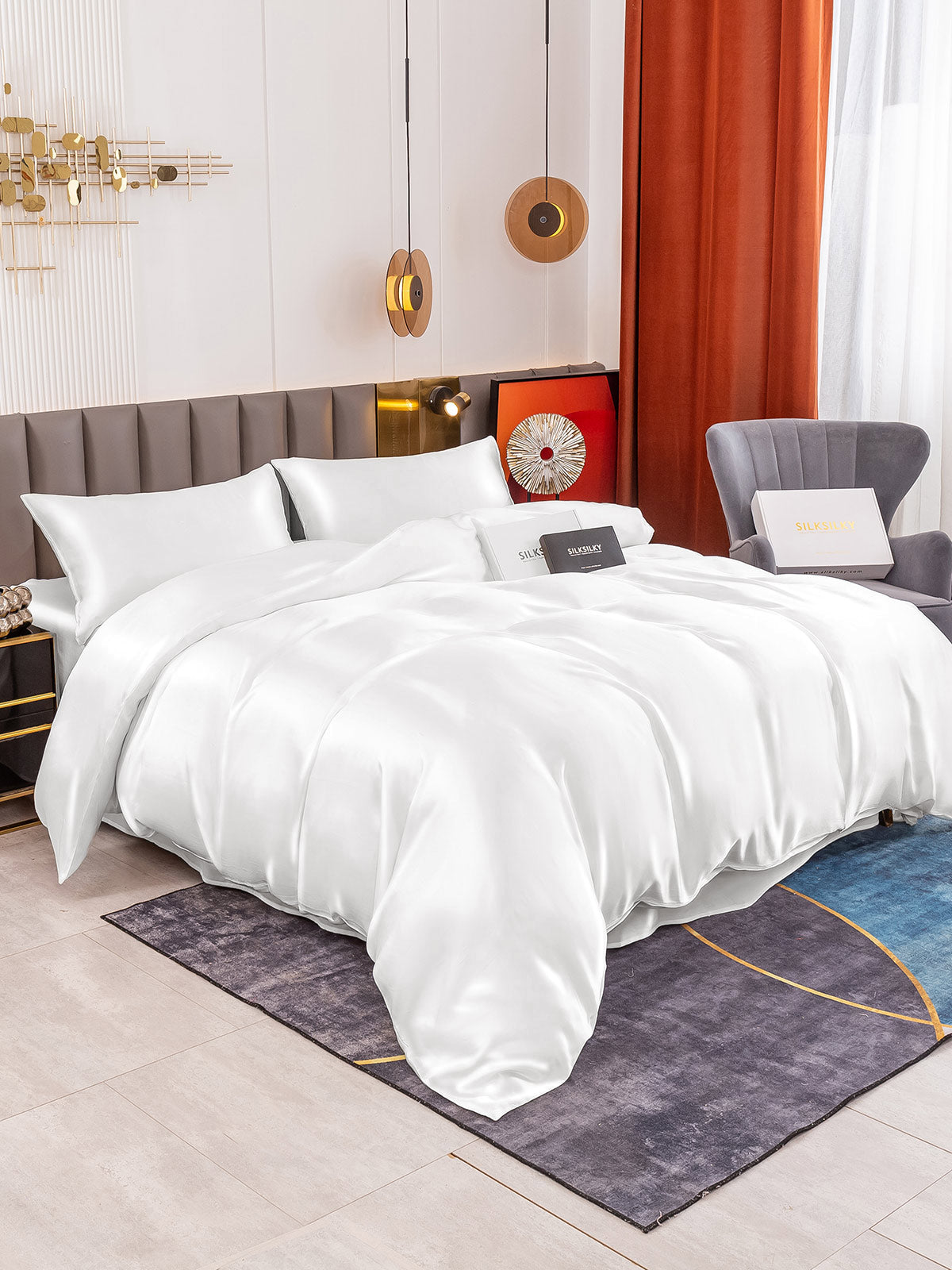 [White] SilkSilky-UK 19Momme Pure Silk Bedding Set 001