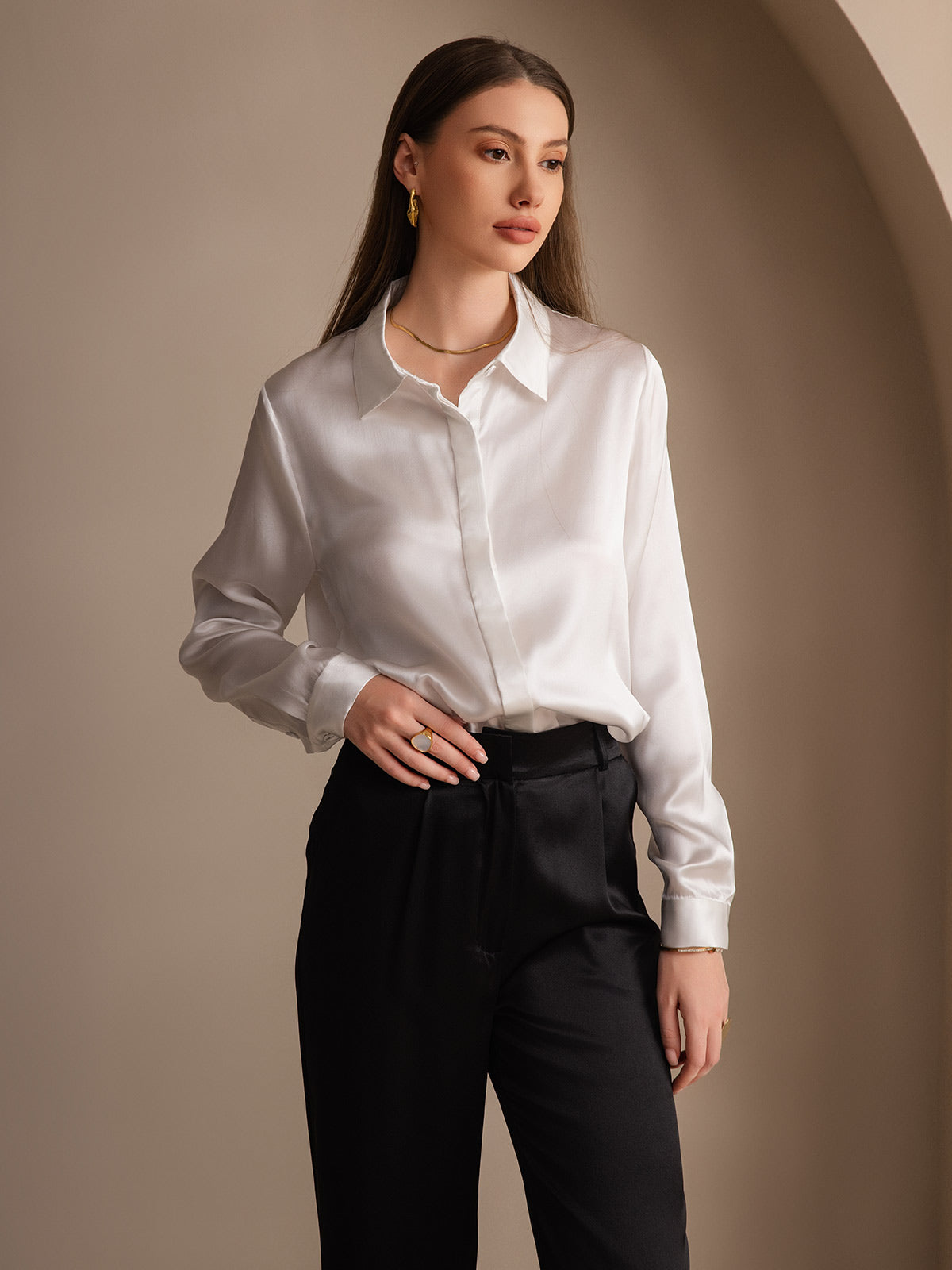 [White] SilkSilky-UK 19Momme Silk Collar Women's Shirt 001