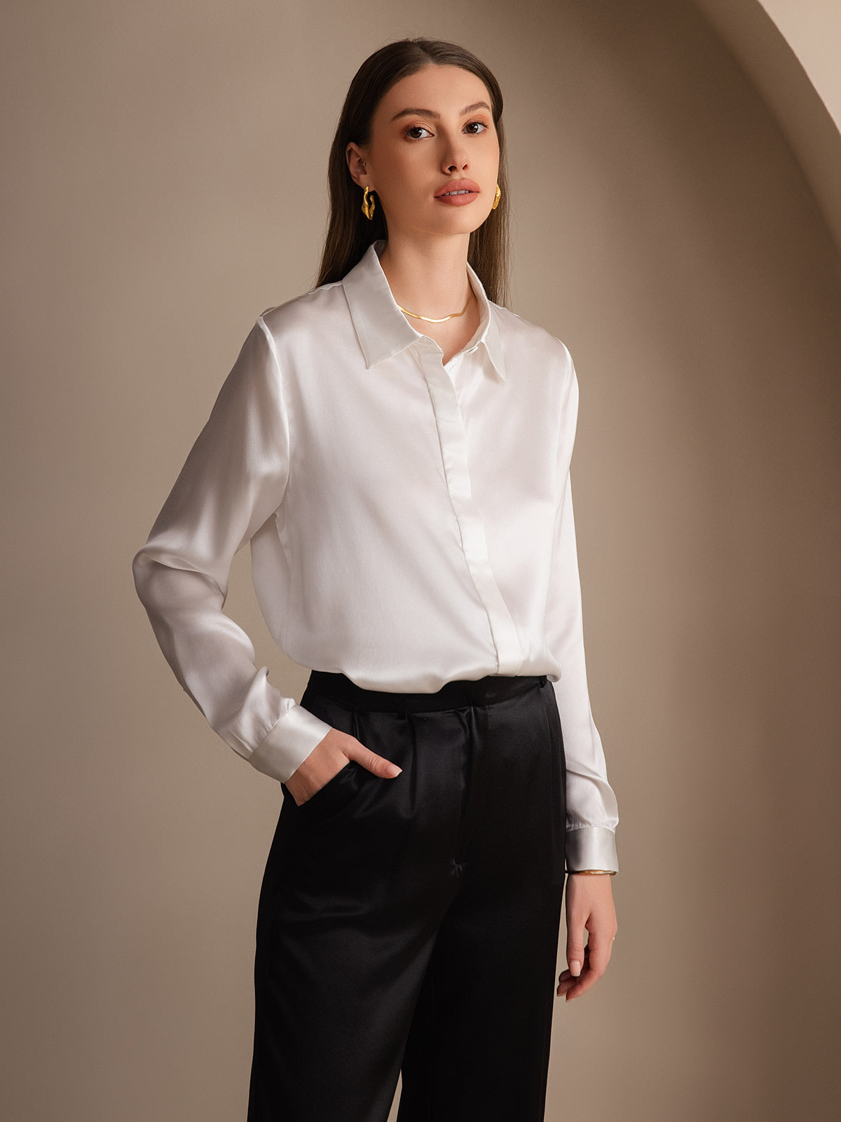 [White] SilkSilky-UK 19Momme Silk Collar Women's Shirt 003
