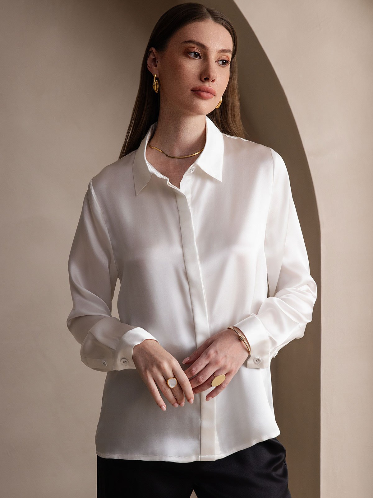 [White] SilkSilky-UK 19Momme Silk Collar Women's Shirt 003