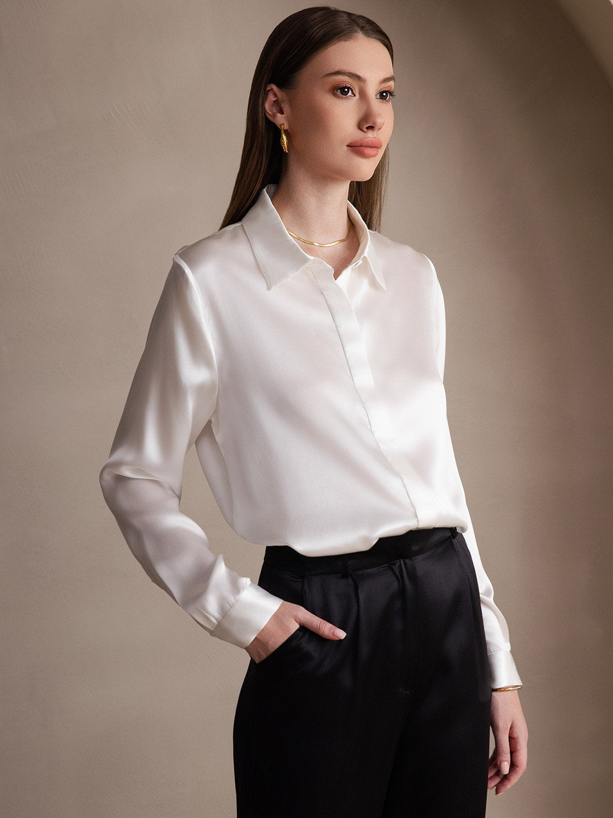 [White] SilkSilky-UK 19Momme Silk Collar Women's Shirt 004