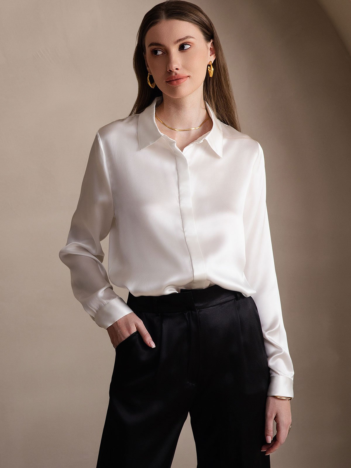 [White] SilkSilky-UK 19Momme Silk Collar Women's Shirt 005