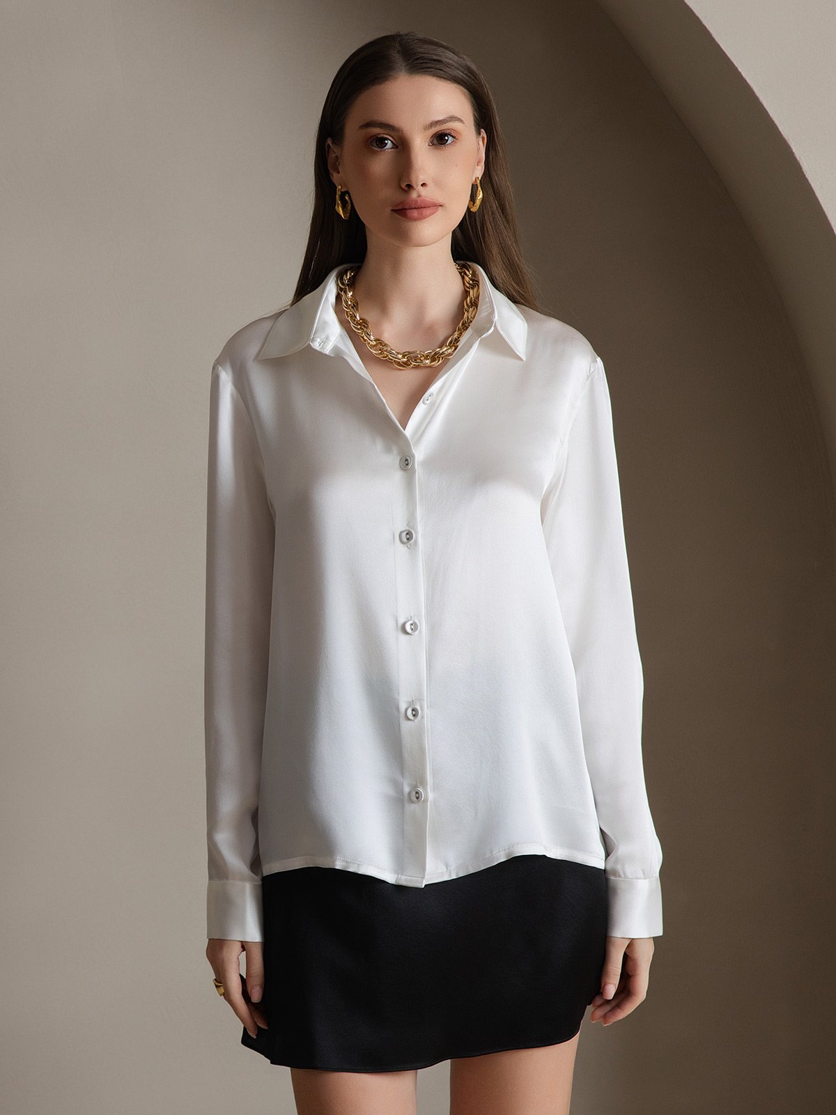[White] SilkSilky-UK 19Momme Silk Collar Women's Shirt 006