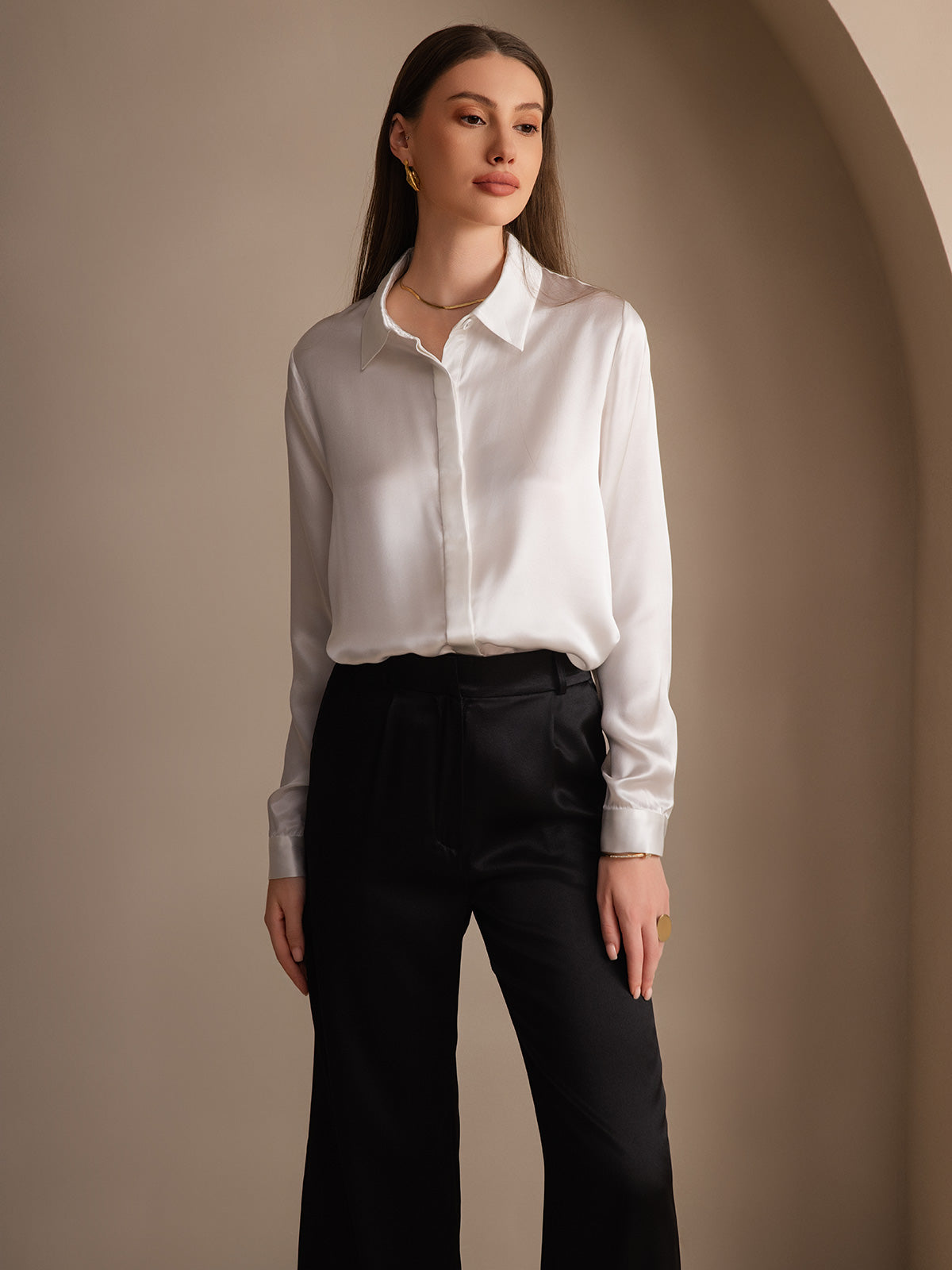 [White] SilkSilky-UK 19Momme Silk Collar Women's Shirt 007