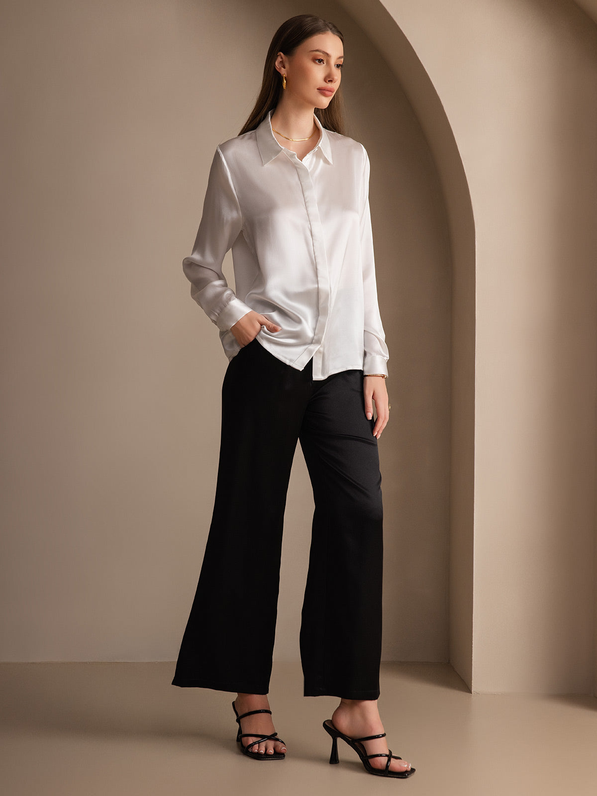 [White] SilkSilky-UK 19Momme Silk Collar Women's Shirt 008