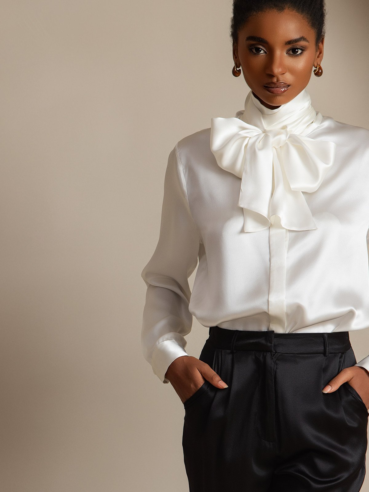 [White] SilkSilky-UK 19Momme Silk Long Sleeve Tie Neck Women's Shirt 001