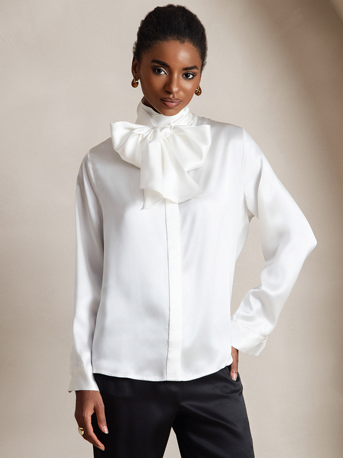 [White] SilkSilky-UK 19Momme Silk Long Sleeve Tie Neck Women's Shirt 003