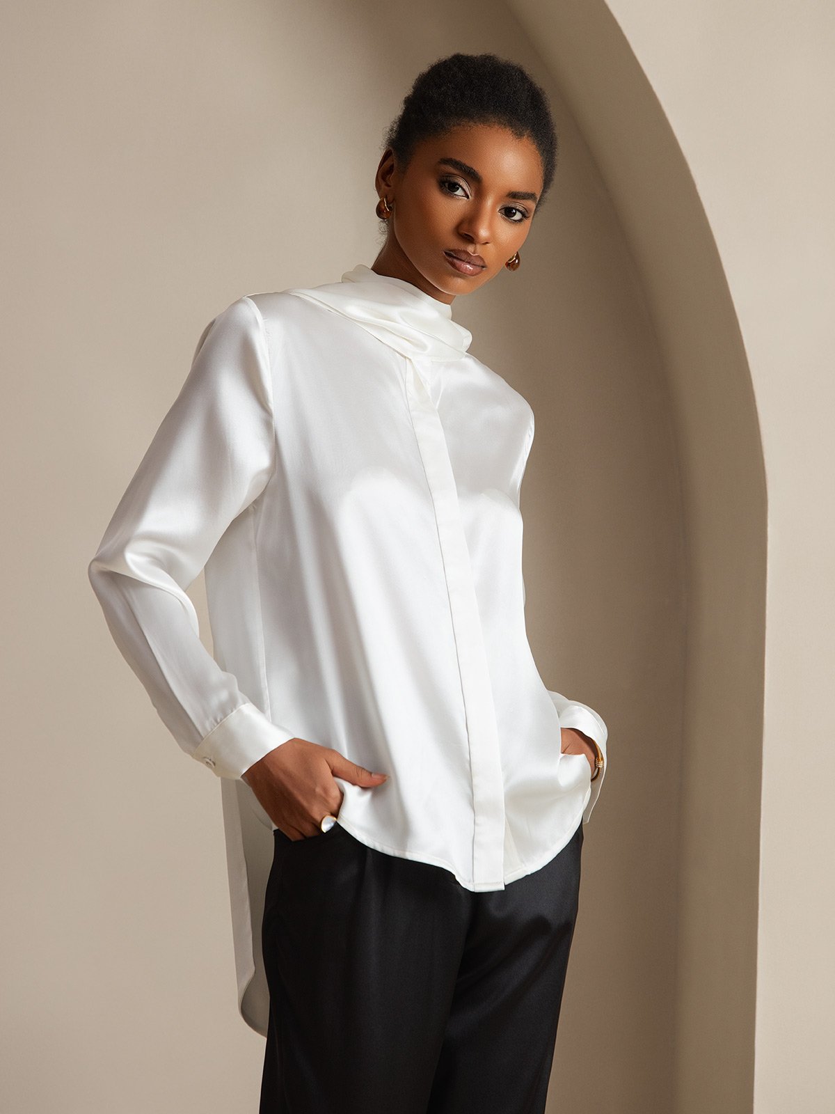 [White] SilkSilky-UK 19Momme Silk Long Sleeve Tie Neck Women's Shirt 004