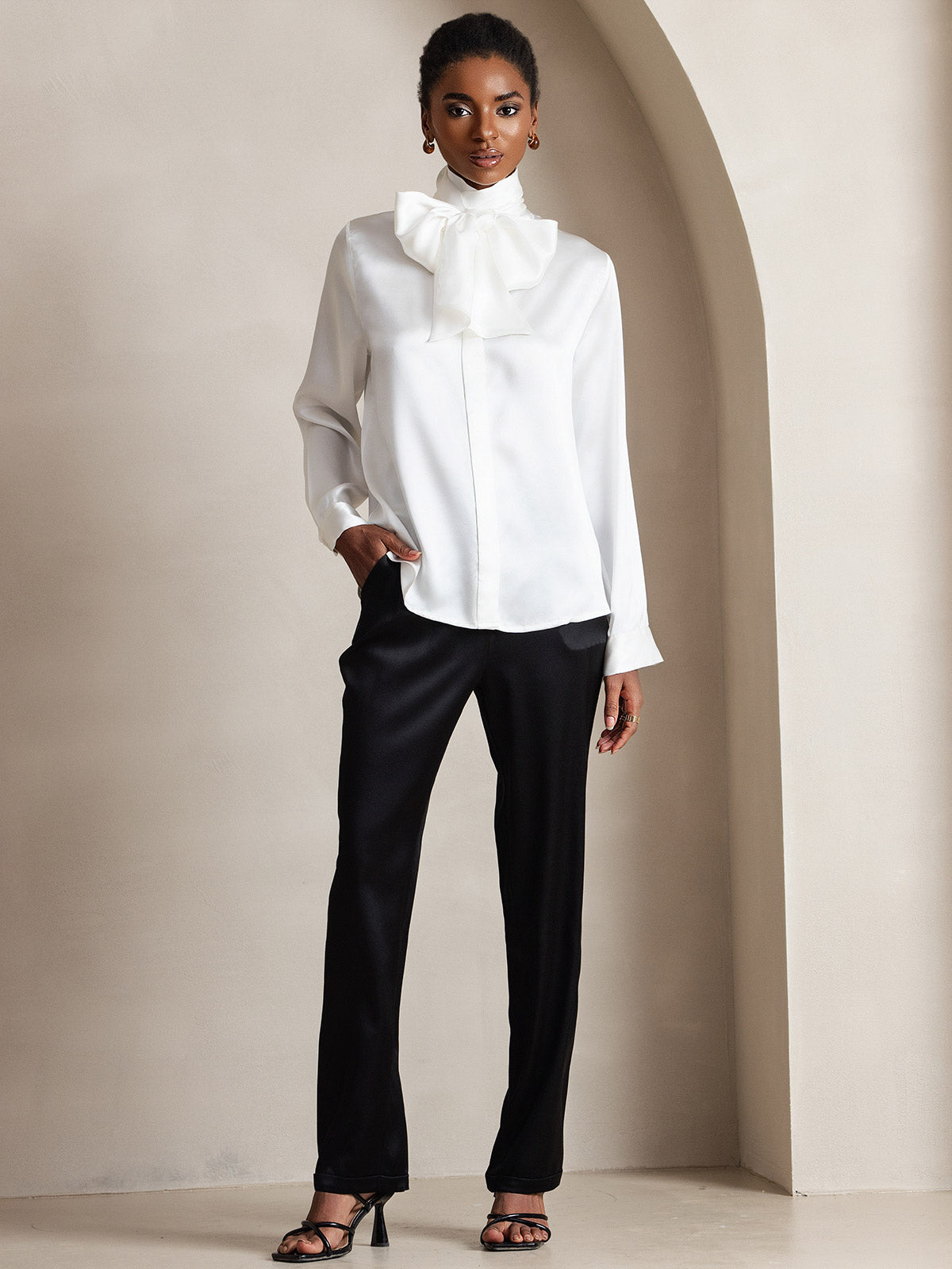 [White] SilkSilky-UK 19Momme Silk Long Sleeve Tie Neck Women's Shirt 007