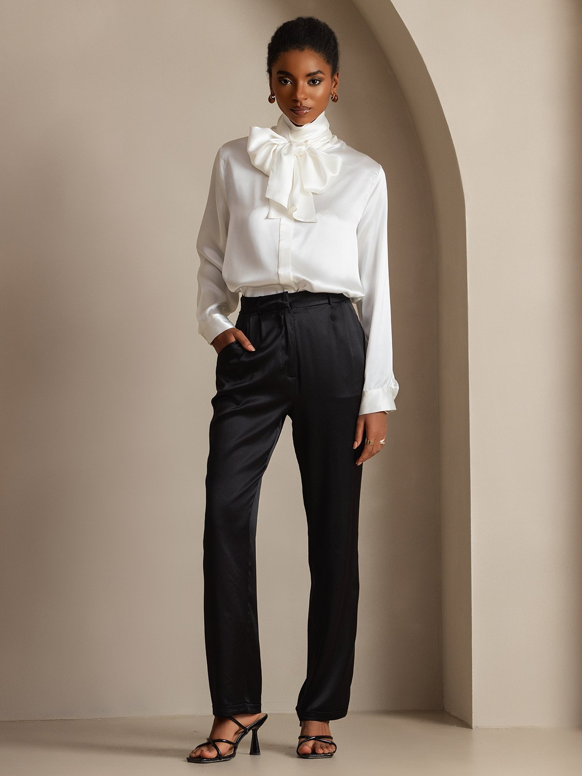 [White] SilkSilky-UK 19Momme Silk Long Sleeve Tie Neck Women's Shirt 008