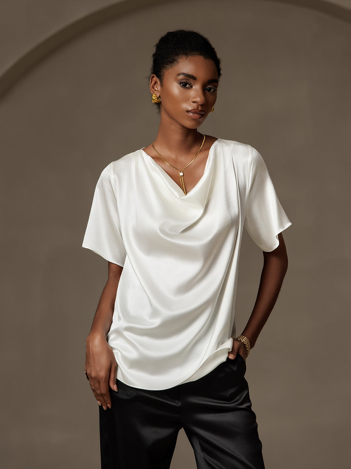 [White] SilkSilky-UK 19Momme Silk Short Sleeve Cowl Neck Women's T-Shirt 003