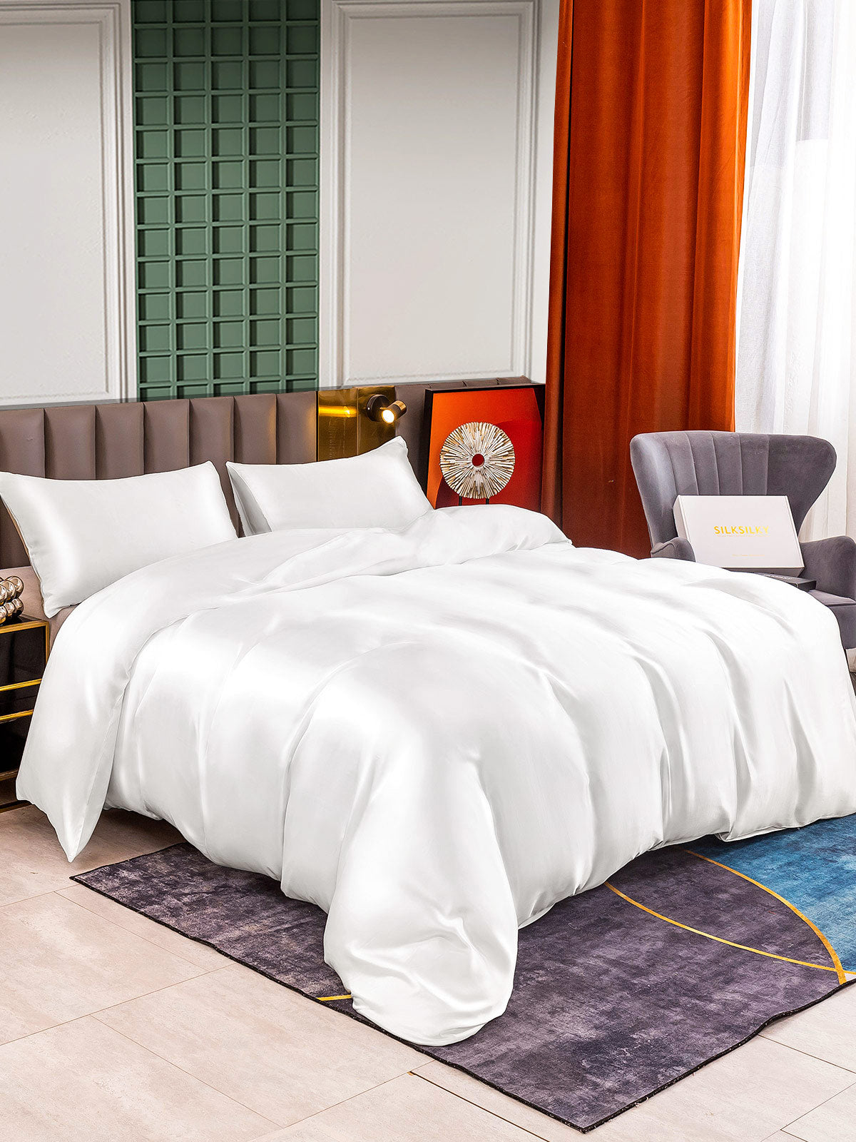 [White] SilkSilky-UK 25Momme Pure Silk Bedding Set 001