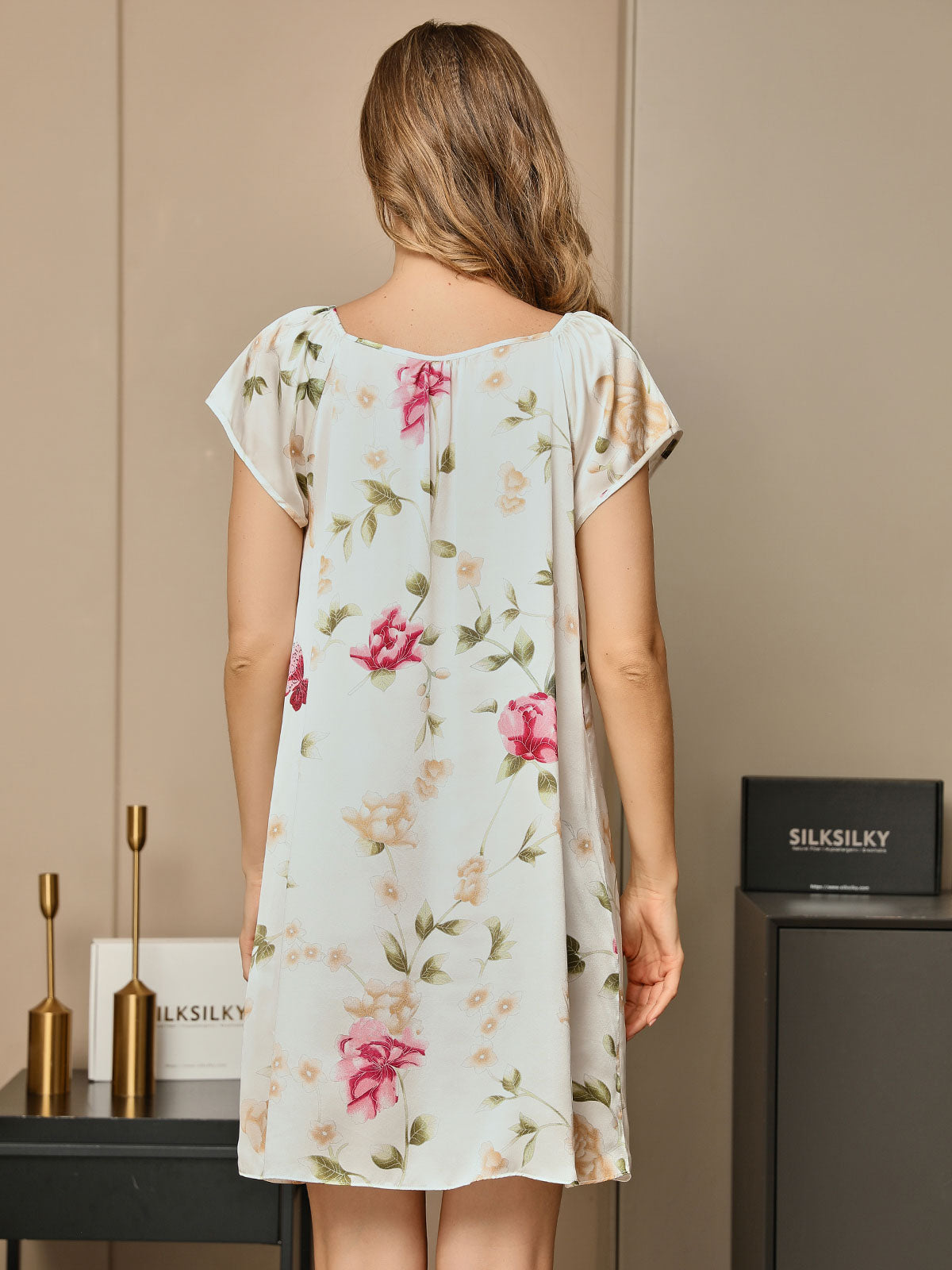 [White] SilkSilky-UK Pure Silk Cap Sleeve Tie Neck Nightdress 002