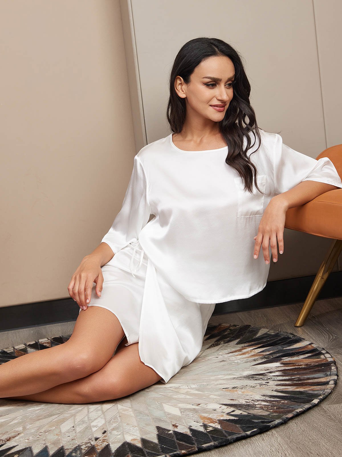 [White] SilkSilky-UK Pure Silk Half Sleeve Womens Pajamas 004