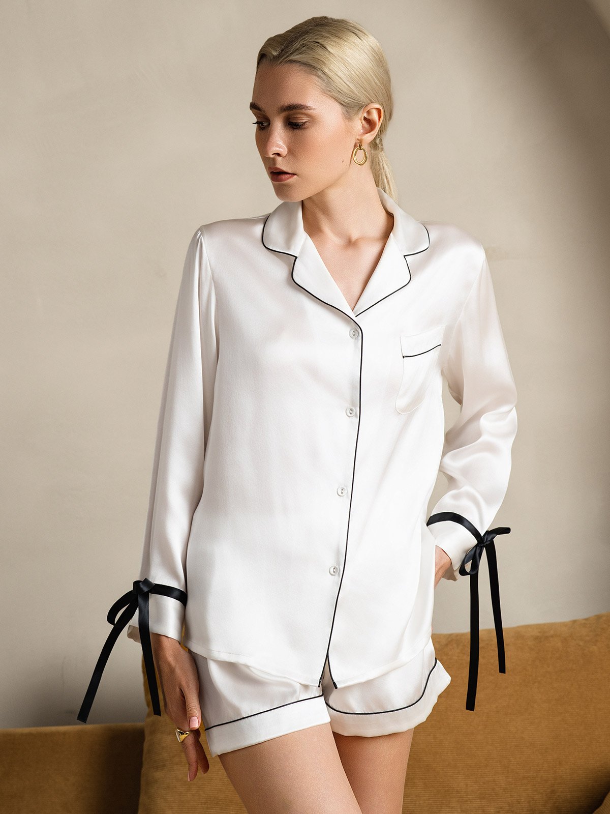 [White] SilkSilky-UK Pure Silk Long Sleeve Lapel Women's Pyjamas 001
