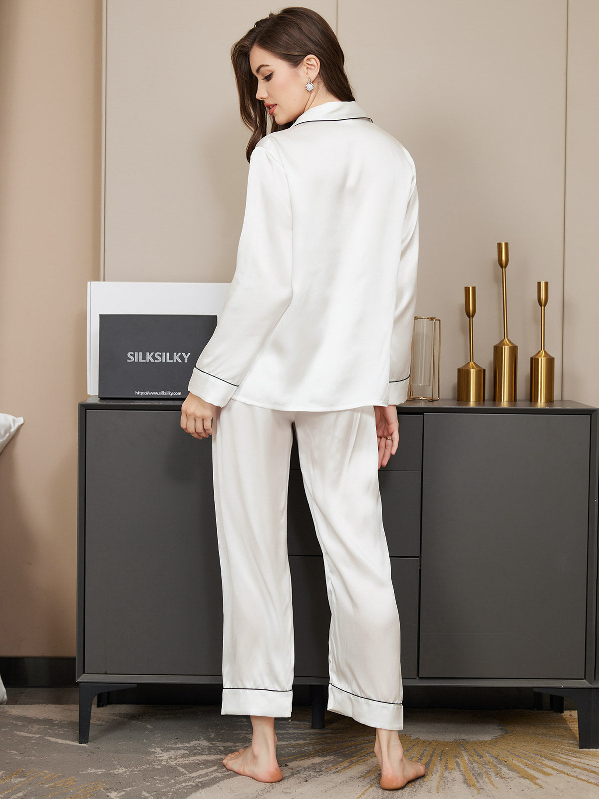 [White] SilkSilky-UK Pure Silk Long Sleeve Lapel Women's Pyjamas 002