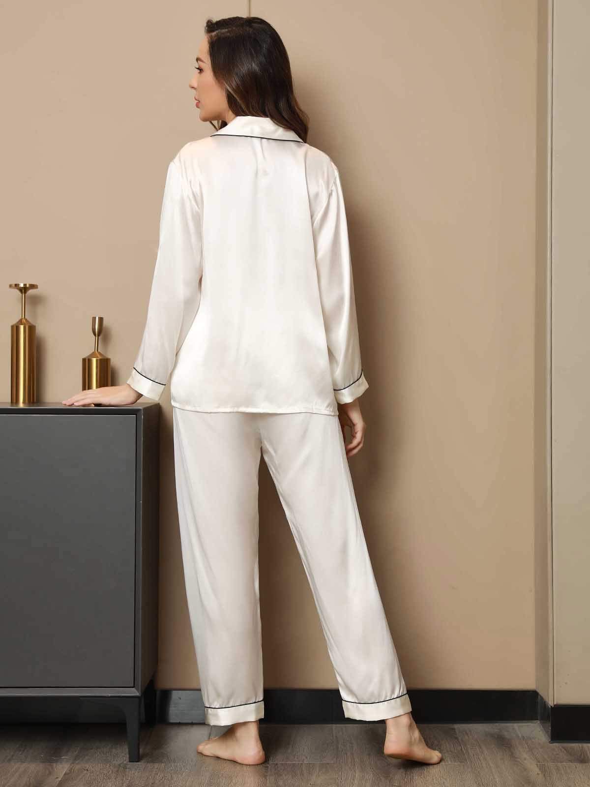 [White] SilkSilky-UK Pure Silk Long Sleeve Lapel Women's Pyjamas 002