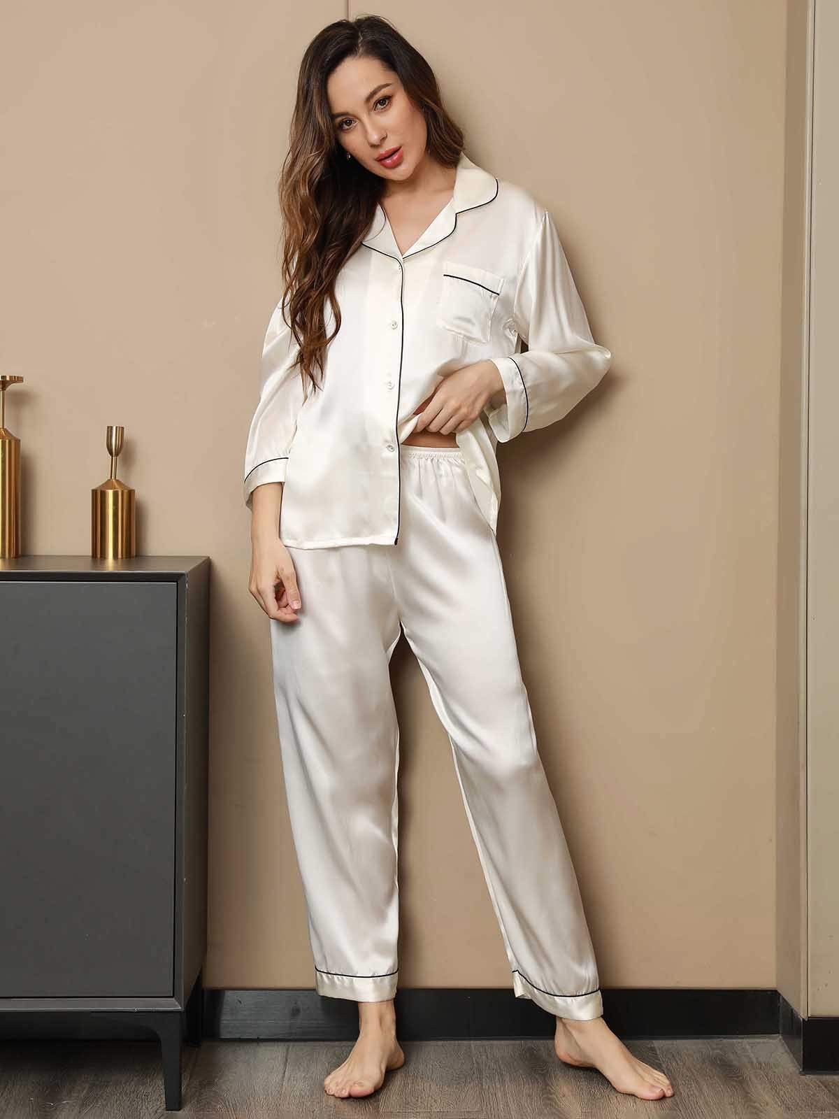 [White] SilkSilky-UK Pure Silk Long Sleeve Lapel Women's Pyjamas 003