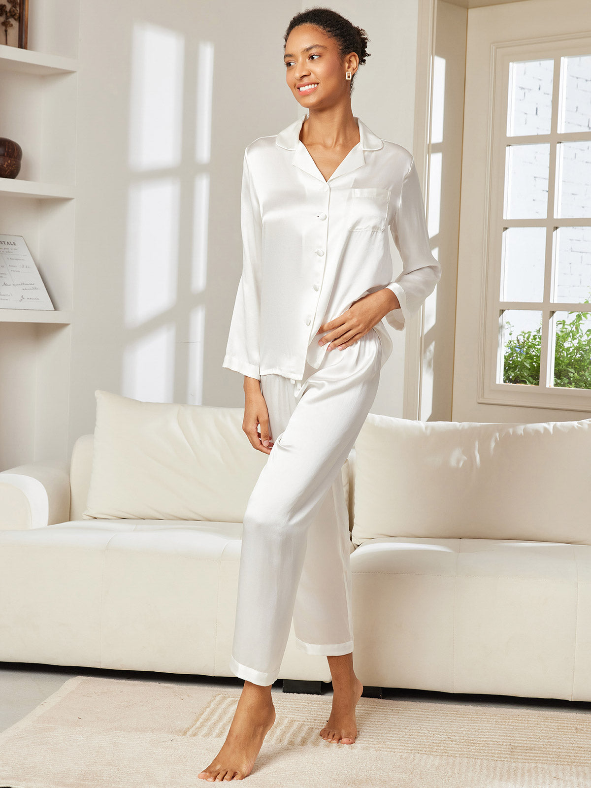[White] SilkSilky-UK Pure Silk Long Sleeve Lapel Women's Pyjamas 004