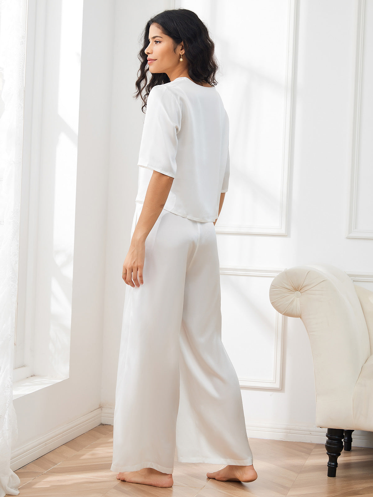 [White] SilkSilky-UK Pure Silk Round Neck Women's Pyjamas 002
