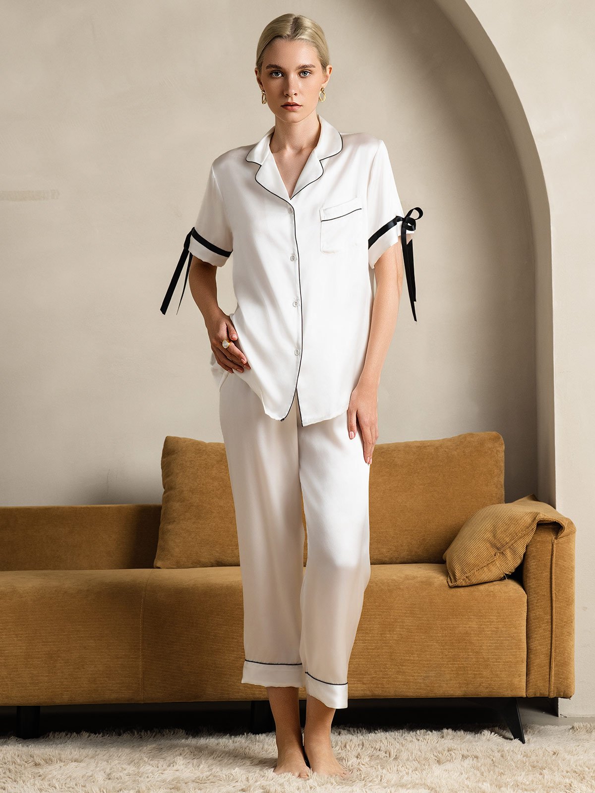 [White] SilkSilky-UK Pure Silk Short Sleeve Lapel Women's Pyjamas 003