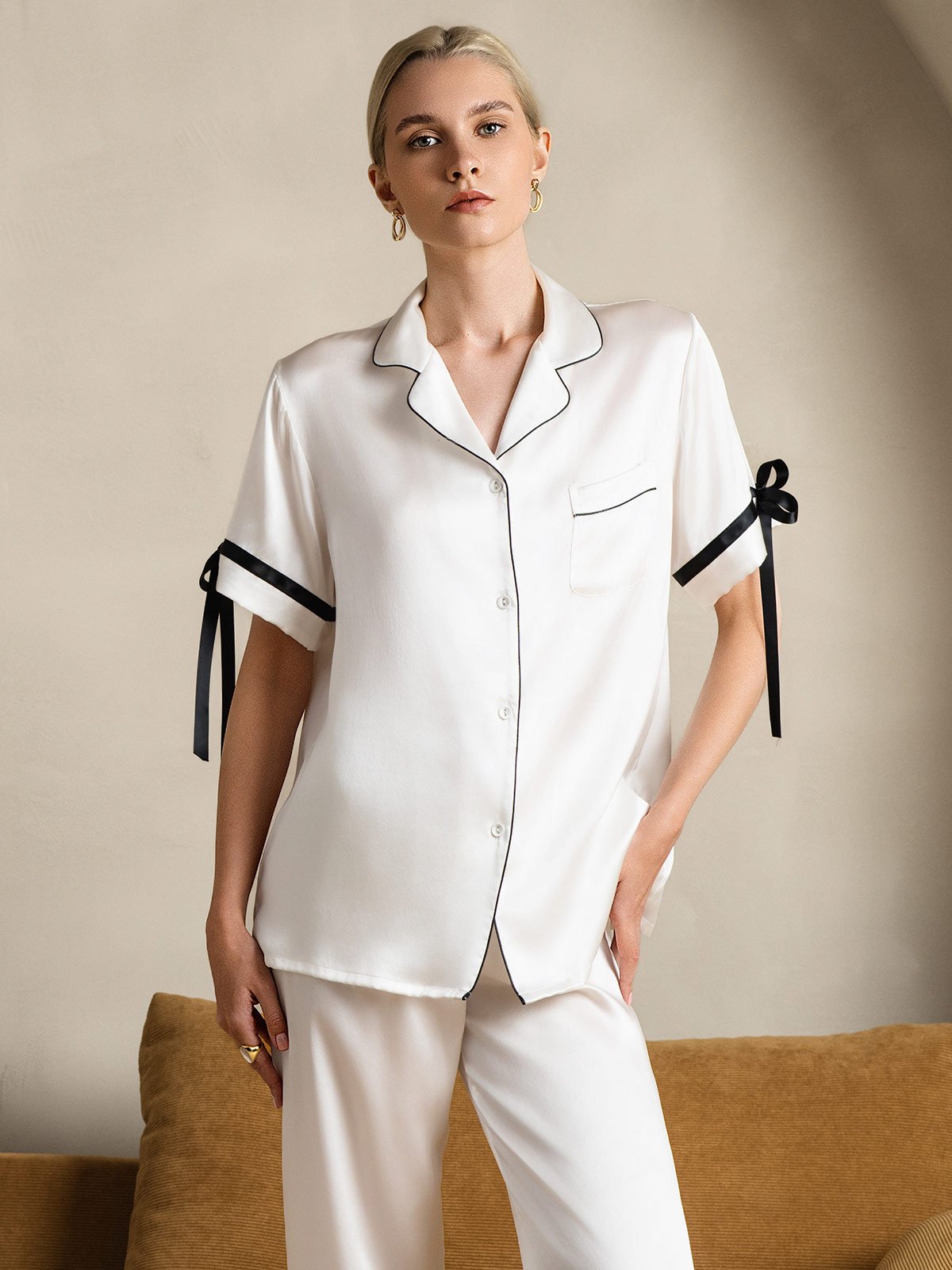 [White] SilkSilky-UK Pure Silk Short Sleeve Lapel Women's Pyjamas 006