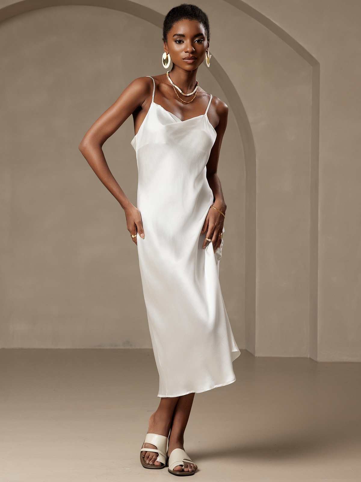 [White] SilkSilky-UK Pure Silk Sleeveless Cowl Neck Dress 001