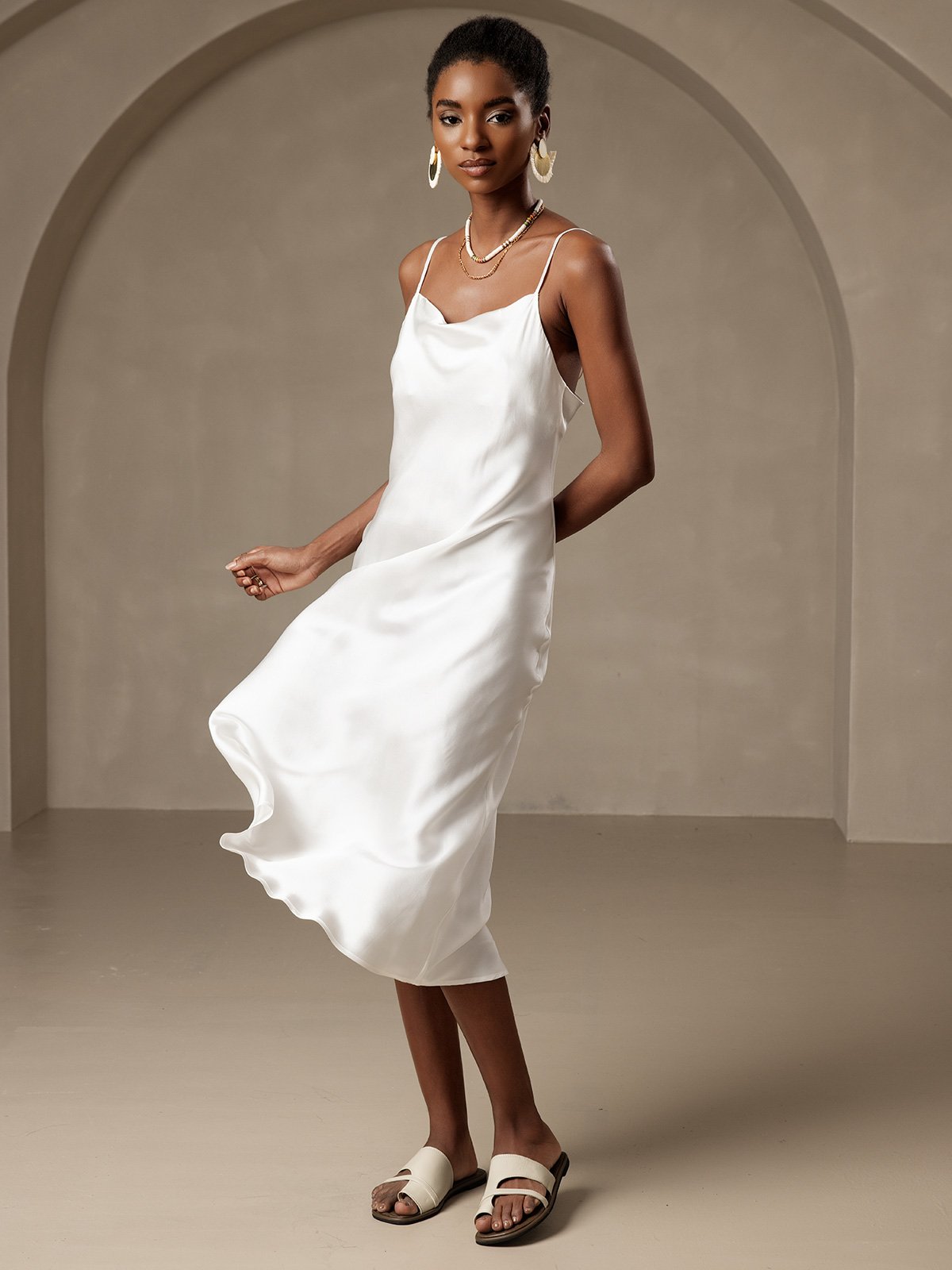 [White] SilkSilky-UK Pure Silk Sleeveless Cowl Neck Dress 003