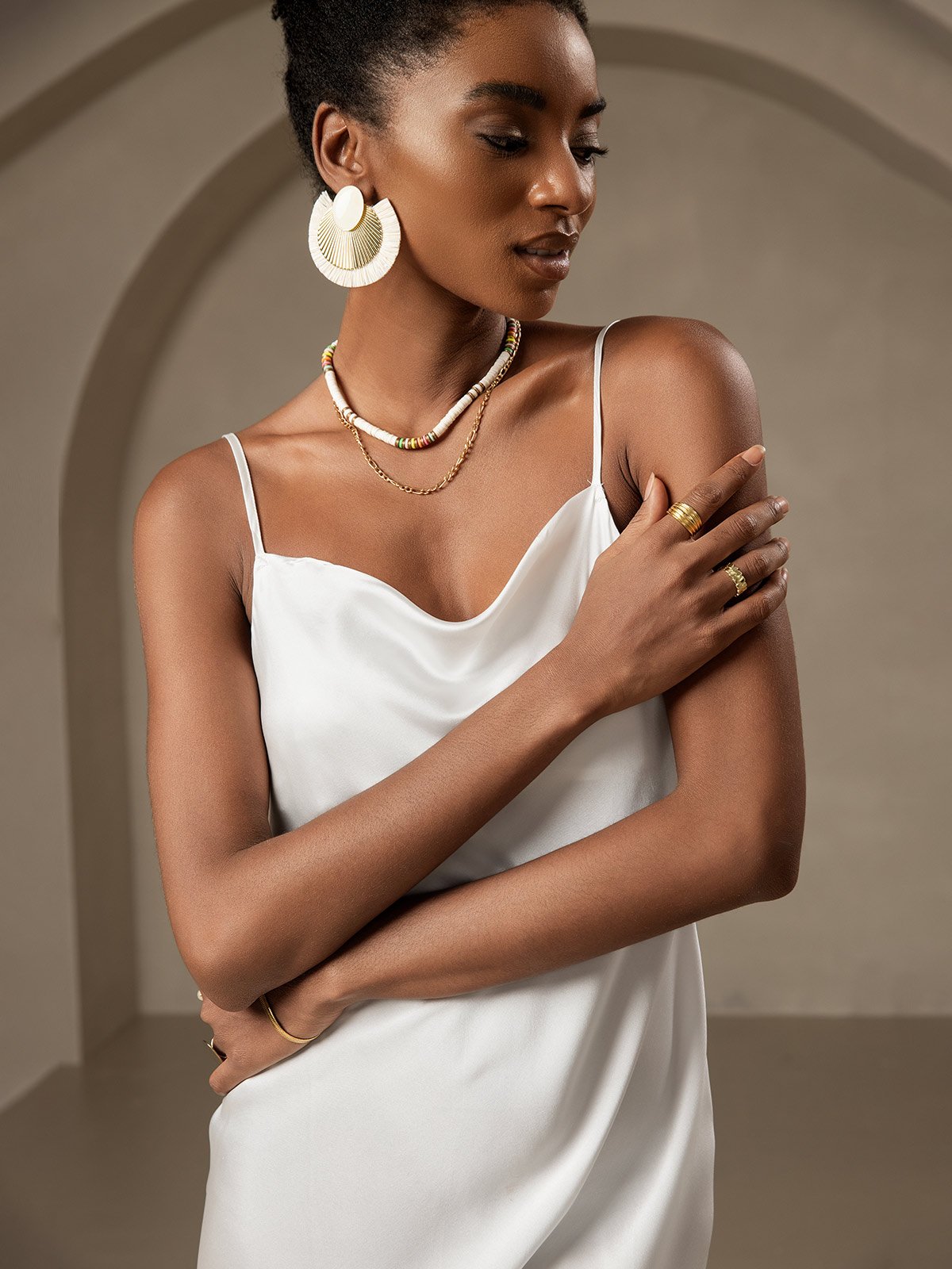 [White] SilkSilky-UK Pure Silk Sleeveless Cowl Neck Dress 004
