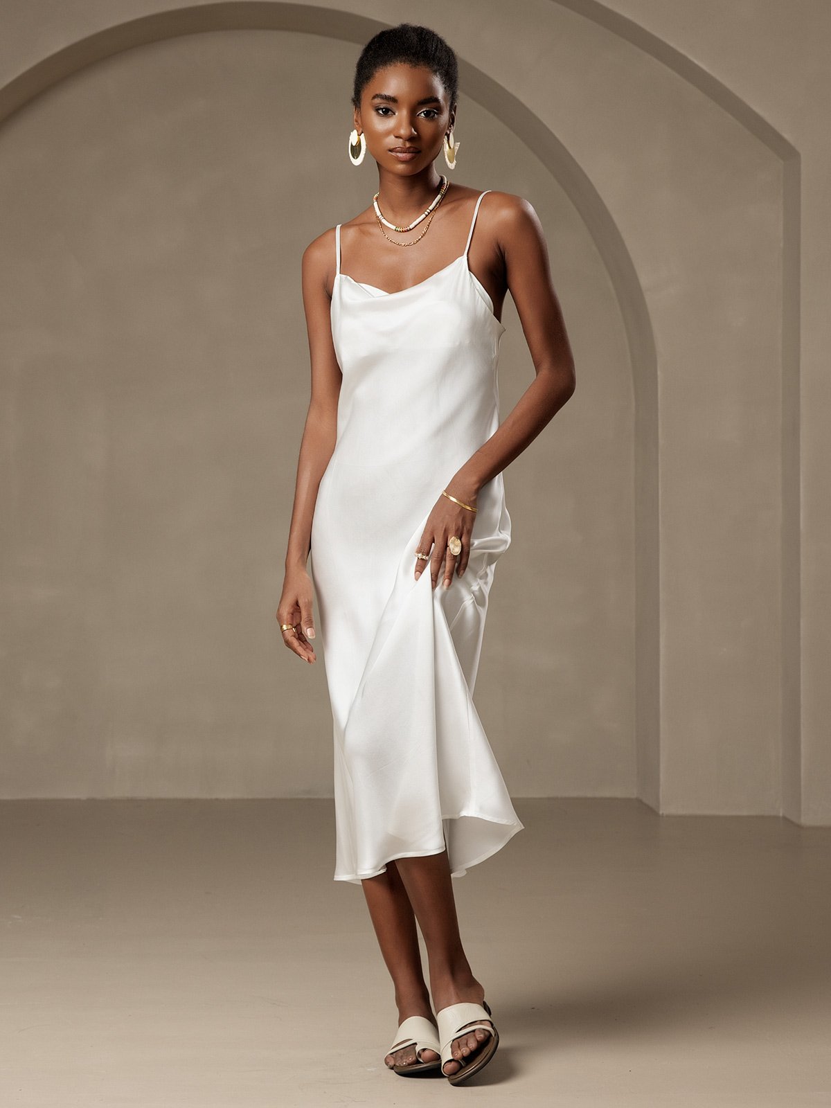 [White] SilkSilky-UK Pure Silk Sleeveless Cowl Neck Dress 005