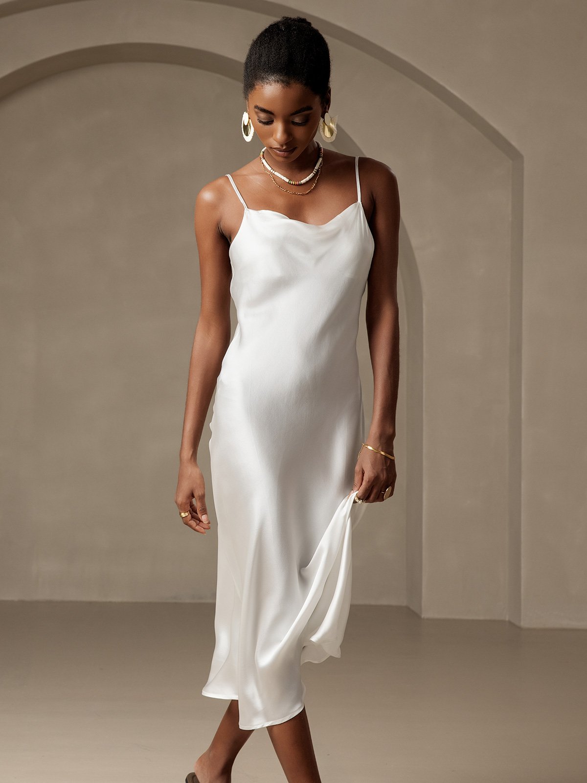 [White] SilkSilky-UK Pure Silk Sleeveless Cowl Neck Dress 006
