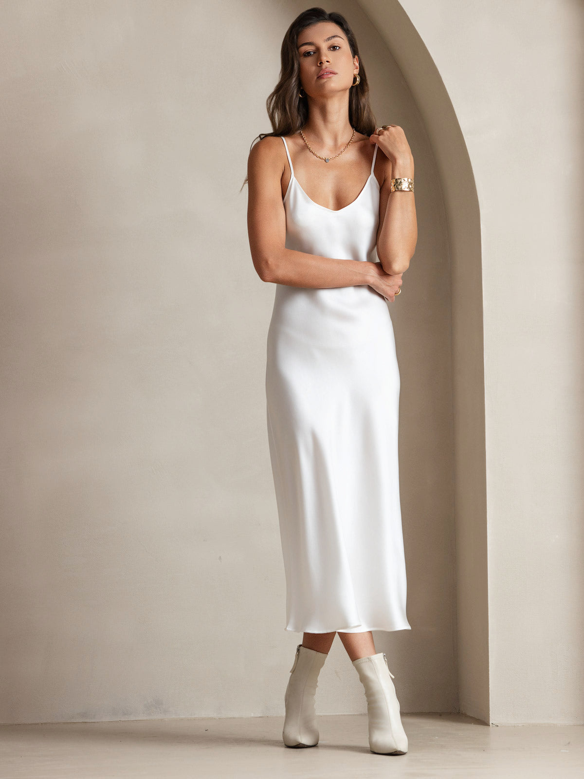 [White] SilkSilky-UK Pure Silk Sleeveless Round Neck Dress 006